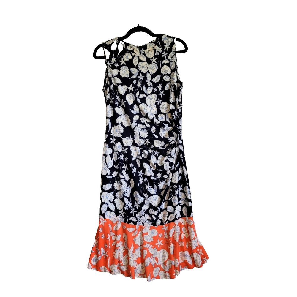 Eliza J Sheayh Dress size 10 Blue Orange Ruffle Hem Side Ruched Cocktail